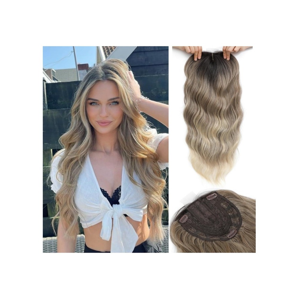 20 Inch Wavy Hair Topper Ombre Blonde Dark Roots 360 3D Silk Base Clip In Bangs